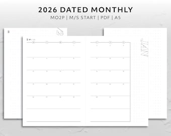 A5, 2026 Dated Month on Two Page Monday Start Sunday Start MO2P Calendar Minimal Aesthetic Printable Planner Insert Functional Monthly
