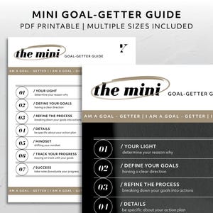 以下が含まれることがあります： 「the mini」と「GOAL-GETTER GUIDE」というテキストが書かれた白黒の印刷可能な目標達成ガイド。このガイドには、「Your Light」、「Define Your Goals」、「Refine the Process」、「Details」、「Mindset」、「Track Your Progress」、「Success」など、目標を設定し達成するためのステップが含まれています。