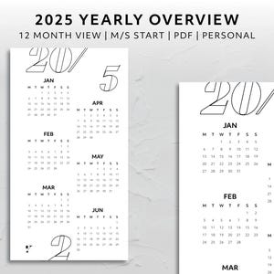 Personal, 2025 Year At A Glance Overview Monday Start Sunday Start Aesthetic Planner Accessory Minimal Printable Download Yearly Tracker