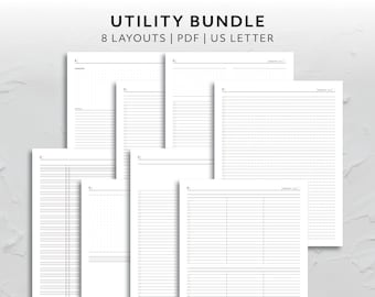Puede incluir: Un conjunto de ocho páginas de utilidad imprimibles en tamaño carta de EE. UU. con diferentes diseños, que incluyen formatos de líneas, cuadrículas y columnas. Las páginas están diseñadas para una variedad de usos, como tomar notas, llevar un diario y planificar.