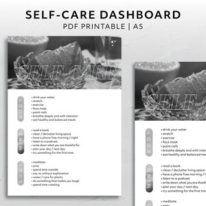 A5, Self Care Checklist Dashboard Ästhetik Planer Accessoire Schwarz Weiß Fotografie Minimal Printable Download Routine Referenz