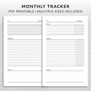 Op de afbeelding: Een witte, afdrukbare PDF maandelijkse tracker met meerdere formaten inbegrepen. Het ontwerp bevat secties voor dagelijkse, wekelijkse en maandelijkse tracking, samen met een notitiesectie. De tekst "MONTHLY TRACKER" staat bovenaan.