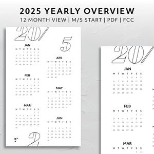 FCC, 2025 Year At A Glance Overview Monday Start Sunday Start Aesthetic Planner Accessory Minimal Agenda Printable Download Yearly Tracker