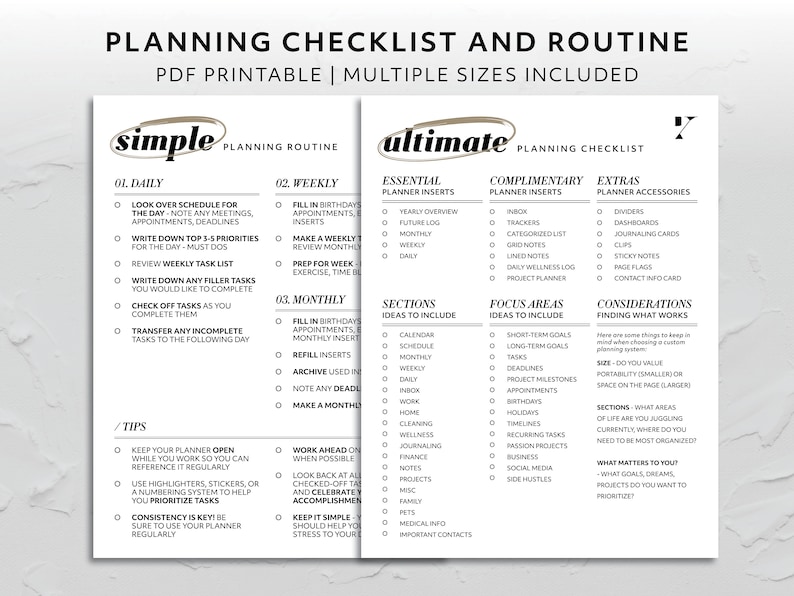 Planning Checklist and Routine Bundle for Custom Planner Minimal ...