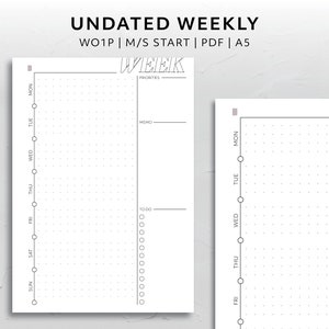 A5, Undated Horizontal Week on One Page Monday Start Sunday Start WO1P Calendar Minimal Aesthetic Printable Planner Insert Functional