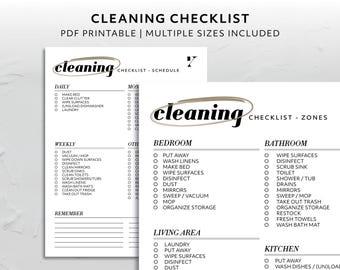 May include: A printable cleaning checklist with a black and white design. The checklist is divided into daily, weekly, and other sections. The other section includes a checklist for the bedroom, bathroom, living area, and kitchen.