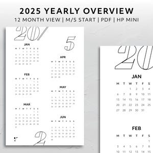 Mini HP, 2025 Year At A Glance Overview Monday Start Sunday Start Aesthetic Planner Accessory Minimal Printable Download Yearly Tracker