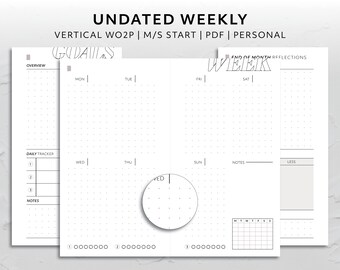 Personal, Undated Vertical Week on Two Page Monday Start Sunday Start WO2P Calendar Minimal Aesthetic Printable Planner Insert Functional