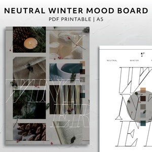 A5, Tablero de estado de ánimo de invierno neutro Tablero Planificador estético Accesorio Descarga mínima imprimible Página de portada decorativa
