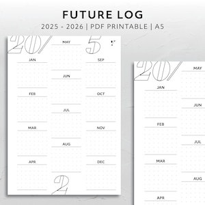 A5、2025 2026 未来ログカレンダー 年間概要プランナー 将来の日付 今後のイベント 最小限の美的 印刷可能なプランナーインサート 機能的