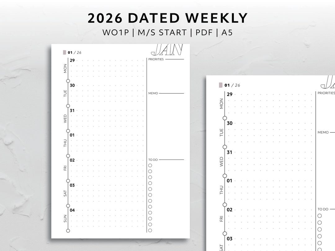 A5, 2026 Dated Horizontal Week on One Page Monday Start Sunday Start ...