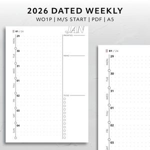 A5, 2026 Dated Horizontal Week on One Page Monday Start Sunday Start WO1P Calendar Minimal Aesthetic Printable Planner Functional Insert