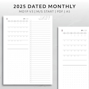 A5, 2025 Dated Month on One Page Monday Start Sunday Start MO1P Calendar Minimal Aesthetic Agenda Printable Planner Insert Functional V3