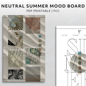 Könnte beinhalten: Neutrales Sommer-Moodboard, PDF zum Ausdrucken. Das Design zeigt ein Raster von Bildern mit einer Muschel, Stoff und einer Strandszene. Das Wort "SUMMER" ist in einer stilvollen Schrift geschrieben. Ein zweites Design auf der rechten Seite hat das Wort "SUMMER" in einem Kreis.