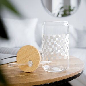 Glass Tumbler Iced Coffee Cup Bamboo Lid and Straw Gift for Mom Accessory Cup On the Go Gift White Retro Wavy Checkered Pattern