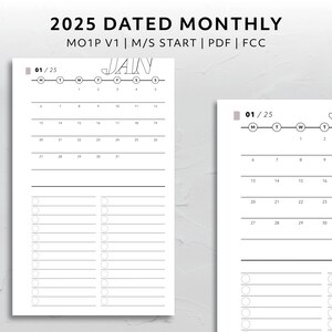 FCC, 2025 Dated Month on One Page Monday Start Sunday Start MO1P Calendar Minimal Aesthetic Agenda Printable Planner Insert Functional V1