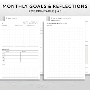 A5, Monthly Goals and Reflections Month Overview Habit Tracker Evaluation Guided Journal Minimal Aesthetic Printable Planner Insert