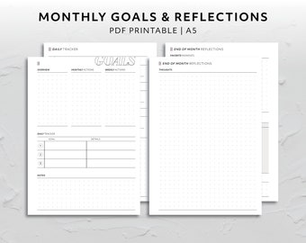 May include: Printable A5 monthly planner with sections for daily goals, monthly actions, weekly actions, end of month reflections, and thoughts. The planner has a dotted grid pattern.