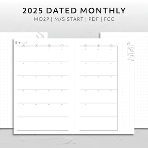 FCC, 2025 Dated Month on Two Page Monday Start Sunday Start MO2P Calendar Minimal Aesthetic Printable Planner Insert Functional Monthly
