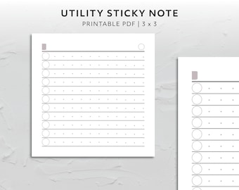 May include: Printable 3x3 inch utility sticky note with a dotted grid and lines. The note has a blank space at the top for a title and a small rectangle at the top left corner.
