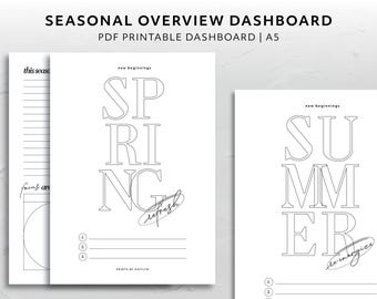 May include: Printable A5 dashboard with a seasonal overview. The dashboard features a black and white illustration of the word "SPRING" with the words "new beginnings" and "to refresh" written in cursive. The dashboard also includes a section for writing down goals and ideas.