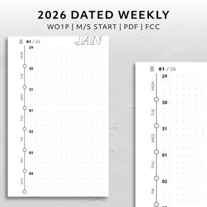 Könnte beinhalten: Eine minimalistische Wochenplanerseite für 2026 mit einem Rasterlayout und einer vertikalen Wochentagspalte. Die Seite enthält den Text "2026 DATED WEEKLY" und den Monat "JAN".