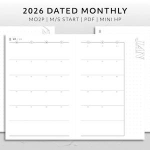 Könnte beinhalten: Ein weißer Monatsplaner 2026 mit minimalistischem Design. Der Planer enthält ein monatliches Kalenderlayout mit dem Monat Januar. Der Text "2026 DATED MONTHLY" steht oben.