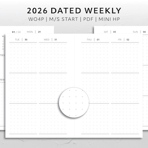 May include: A white 2026 dated weekly planner with a dot grid layout. The planner includes sections for priorities and an overview, with dates from January 26th to February 4th. Text at the top reads "2026 DATED WEEKLY".