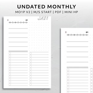 May include: Two undated monthly planner pages with the text "UNDATED MONTHLY" and "MO1P V2 | M/S START | PDF | MINI HP". The pages have lines for notes and checkboxes, with the month "JAN" and the date "01" at the top.
