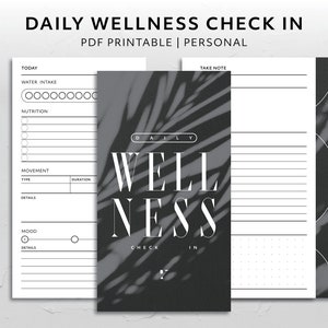 May include: Printable daily wellness check-in sheet with sections for water intake, nutrition, movement, mood, and a take note section. The sheet has a black and white design with a palm leaf pattern.
