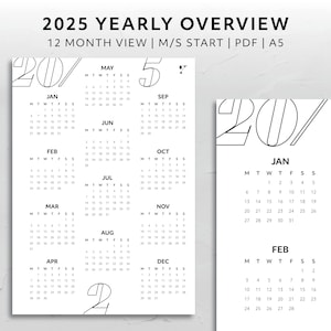 A5, 2025 Year At A Glance Overview Monday Start Sunday Start Aesthetic Planner Accessory Minimal Agenda Printable Download Yearly Tracker
