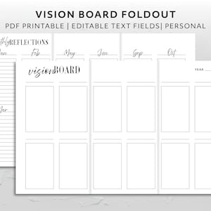 May include: A white printable vision board with the text "VISION BOARD FOLDOUT" at the top. The board is divided into sections for monthly reflections and a yearly overview. The text "PDF PRINTABLE | EDITABLE TEXT FIELDS | PERSONAL" is also visible.