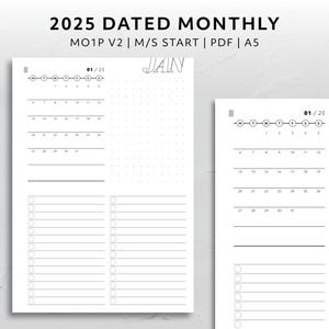 A5, 2025 Dated Month on One Page Monday Start Sunday Start MO1P Calendar Minimal Aesthetic Printable Planner Insert Functional V2