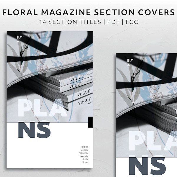 FCC, Floral Vogue Magazine Section Covers, Aesthetic Planner Accessories, Pastel Blue and Black Minimal Printable Download