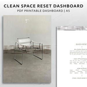Könnte beinhalten: Ein druckbares A5-Dashboard mit dem Text "Clean Space Reset Dashboard" und "A Clean Space - A Clear Mind". Das Dashboard enthält eine Schnell-Reset-Checkliste mit Schritten wie "de-clutter & put away", "clear off working space" und "wipe surfaces".