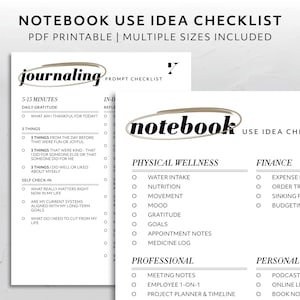 May include: A black and white checklist with the title "Notebook Use Idea Checklist" and categories for journaling, physical wellness, finance, professional, and personal development. The checklist includes prompts for daily gratitude, self-check-in, water intake, nutrition, movement, mood, gratitude, goals, appointment notes, medicine log, meeting notes, employee 1-on-1, project planner & timeline, expense log, order trackers, sinking funds, budgeting, podcast notes, online learning notes, and book notes.
