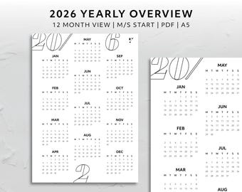 A5, 2026 Jahr auf Einen Blick Übersicht Montag Start Sonntag Start Ästhetik-Planer Accessoire Minimal Agenda Printable Download Jahrestracker