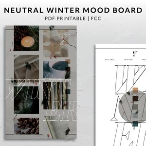 Könnte beinhalten: Neutrales Winter-Moodboard, PDF zum Ausdrucken. Das Design zeigt eine Collage von Winterbildern, darunter eine brennende Kerze, Tannenzapfen und eine Tasse Kaffee. Das Wort "WINTER" ist in einer stilvollen Schriftart überlagert.