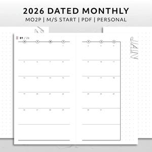 Personal, 2026 Dated Month on Two Page Monday Start Sunday Start MO2P Calendar Minimal Aesthetic Printable Planner Insert Functional Monthly