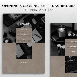 May include: A black and white PDF printable A5 dashboard titled OPENING & CLOSING SHIFT DASHBOARD. The layout features sections for Mindset, Reminder, and Focus with text overlays on a neutral beige background, including the text PRINTS BY KAITLYN.