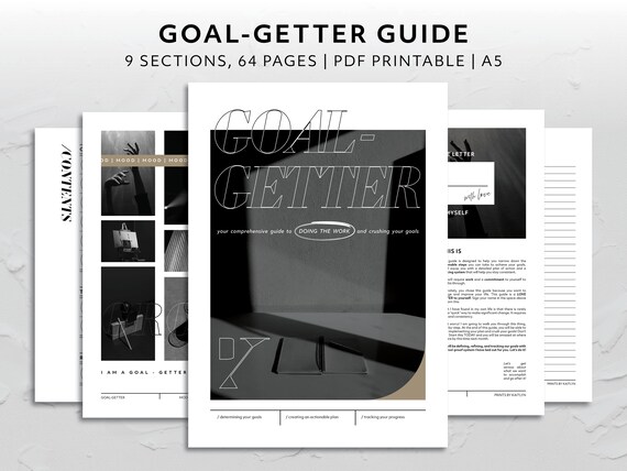 A5, Goal-Getter Guided Workbook Motivational Goal Planning Tool Kit Habit Tracker Activity Bundle Printable Productivity System