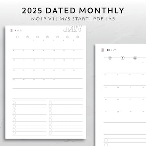 A5, 2025 Dated Month on One Page Monday Start Sunday Start MO1P Calendar Minimal Aesthetic Agenda Printable Planner Insert Functional V1