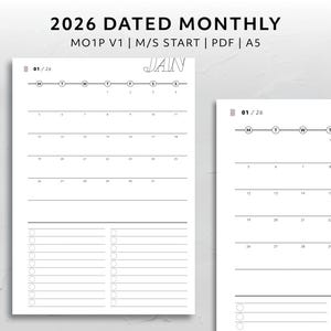 A5, 2026 Dated Month on One Page Monday Start Sunday Start MO1P Calendar Minimal Aesthetic Agenda Printable Planner Insert Functional V1
