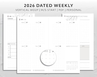 Personal, 2026 Dated Vertical Week on Two Page Monday Start Sunday Start WO2P Calendar Minimal Aesthetic Printable Planner Insert Functional