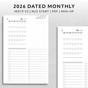 Könnte beinhalten: Zwei undatierte monatliche Planerseiten mit dem Text "2026 DATED MONTHLY" und "JAN". Die Seiten sind weiß mit einem Punktraster, einem Kalender und einem Aufgabenlistenabschnitt. Das Datum ist 01/26.