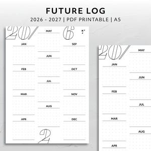 Peut inclure: Un journal de bord futuriste noir et blanc, imprimable en PDF pour 2026-2027, format A5. La conception présente une mise en page minimaliste avec les mois et une grille pointillée pour les notes. Le texte "FUTURE LOG 2026-2027 | PDF PRINTABLE | A5" est en haut.