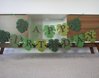 Safari Birthday Banner, Jungle Birthday Banner, Leaves Birthday Banner, Tropical Birthday Banner, Green Birthday Banner, Wild One Banner