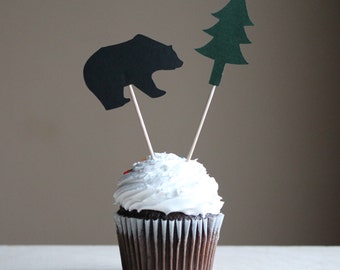 Bear Cupcake Topper , Black Bear Tree Cupcake Topper, Bear Birthday Party, Woodland Birthday, Camping Birthday Party, Hunting Birthday Party