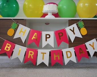 Pineapple Birthday Party, Pineapple Banner, Ahoha Birthday Banner Pineapple Birthday Banner, Tropical Flamingo Banner, Hawaiian Banner, Pink