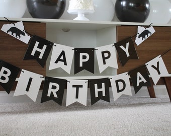 Bear Birthday Banner, Black and White Bear Banner, Camping Banner, Hunting Birthday Banner, Bear Birthday Party, Woodland Birthday Party